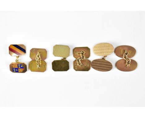 Three pairs of 9ct gold cufflinks, two pairs with engine turned decoration and the other decorated with armorial crest and re