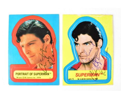 CHRISTOPHER REEVE; two 'Superman' comic cards/stickers bearing the star's signature (2). We have not authenticated these sign