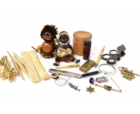 A mixed lot of antique, vintage and modern collectibles, to include a 1950s wooden African figure, a pair of bone claves, mil