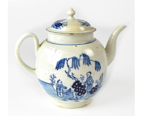 LIVERPOOL PORCELAIN; a c1760 blue and white teapot with chinoiserie decoration village scene of fisherman in boat and peonies