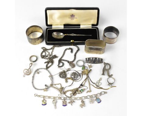 Various silver and silver jewellery to include a 1937 hallmarked silver anointing spoon in case, two hallmarked silver napkin