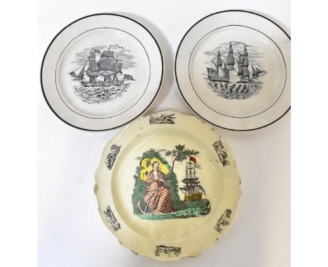 MARITIME INTEREST; two 19th century black and white transfer printed plates decorated with ships, the first titled 'East Indi