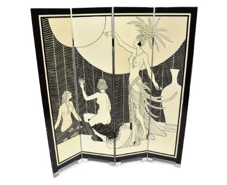 An Art Deco style black lacquered and cream decorated four-panel three-fold screen depicting a semi-nude female with ornate f