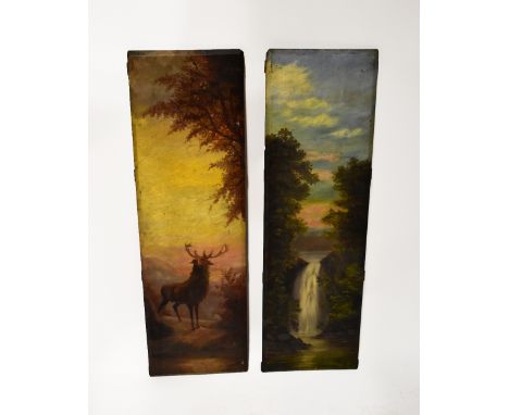 19TH CENTURY ENGLISH SCHOOL; a pair of oils on panel, one depicting a stag in an Autumn landscape, the other of a waterfall i