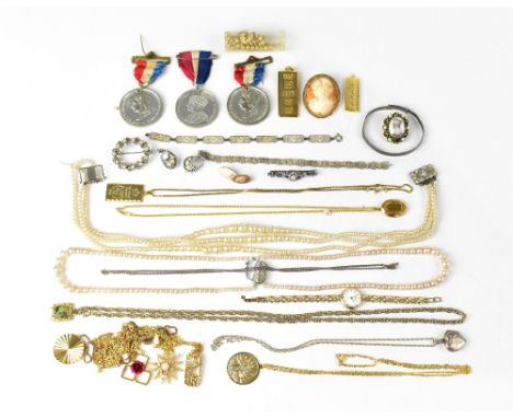 Various items of antique, vintage and modern costume jewellery to include necklaces, medallions, brooches, single gold cuffli