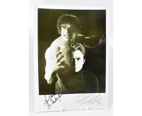 THE HULK; a black and white photograph bearing twin signatures of Lou Ferrigno and Bill Bixby.We have not authenticated these