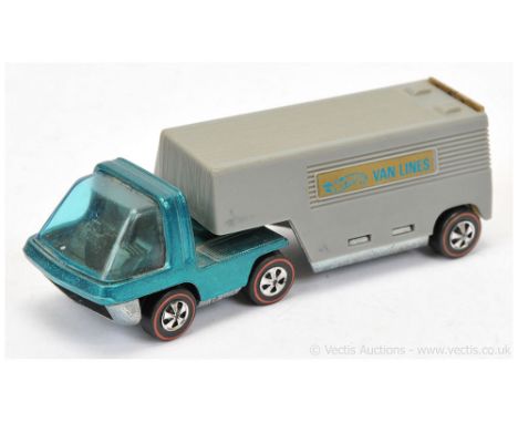 Hot Wheels (Mattel) Redline Heavyweights 6455 Moving Van - metallic aqua cab with grey trailer, gold opening rear door - over