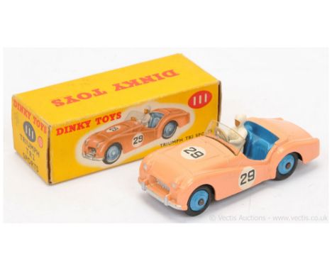 Dinky 111 Triumph TR2 Sports Car - pale peach body, mid-blue interior &amp; ridged hubs with smooth tyres, figure driver, sil