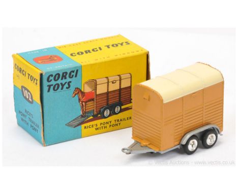 Corgi 102 Rice's Pony Trailer - finished in tan including opening rear ramp, cream roof, silver chassis and drawbar, spun hub