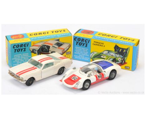 Corgi 325 Ford Mustang Fastback "Competition Model" - off-white with red bonnet, roof &amp; boot stripes, pale blue interior,