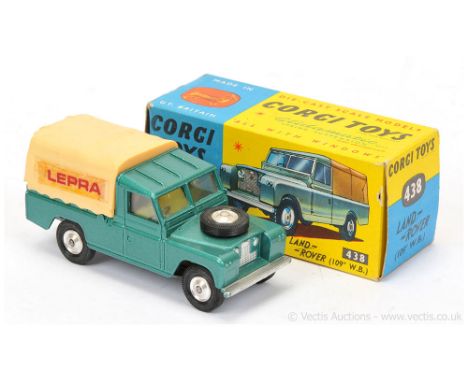 Corgi 438 Land Rover (109WB) - "Lepra" - metallic green including ribbed roof, cream plastic canopy with "Lepra" side decals,