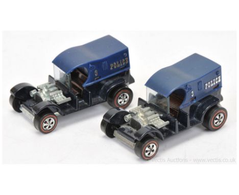 Hot Wheels (Mattel) Redline 6402 Paddy Wagon - A Pair (1) dark blue chassis, blue plastic upper with "3 Police" gold letterin