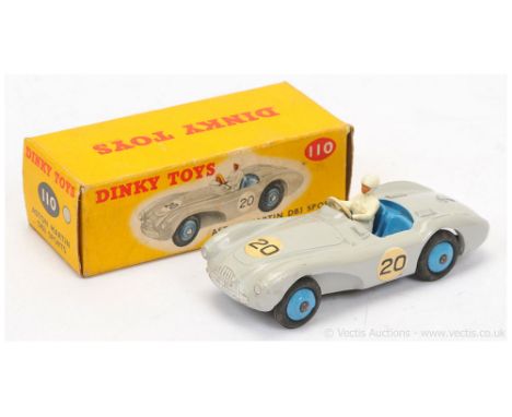 Dinky 110 Aston Martin DB3 Sports Car - grey body, mid-blue interior &amp; ridged hubs with smooth tyres, figure driver, raci