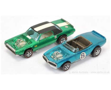 Hot Wheels (Mattel) Redline 6412 Light My Firebird - metallic aqua, racing number 8 side labels and 6407 TNT Bird - metallic 