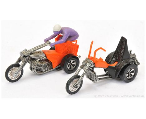 Hot Wheels (Mattel) Rrrumblers Choppin Chariot - orange plastics, purple rider with black boots and white helmet and 3 Squeal