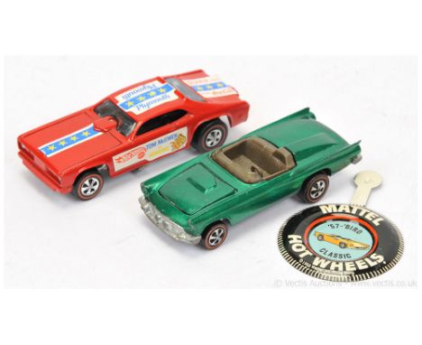 Hot Wheels (Mattel) Redline 6252 Classic 57 T Bird - metallic green, comes with tinplate button / badge and 6410 Mongoose - r