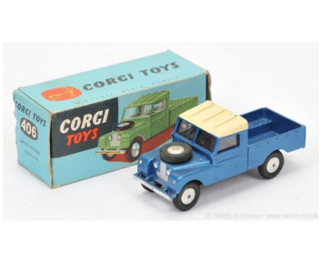 Corgi 406 Land Rover (109WB) - blue body, cream ribbed roof, silver trim, flat spun hubs, metal tow hook - Excellent (does ha