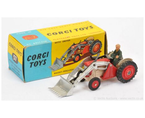 Corgi 57 Massey Ferguson 65 Tractor with Fork - deep cream, red including plastic hubs, silver arms and fork/shovel, with fig