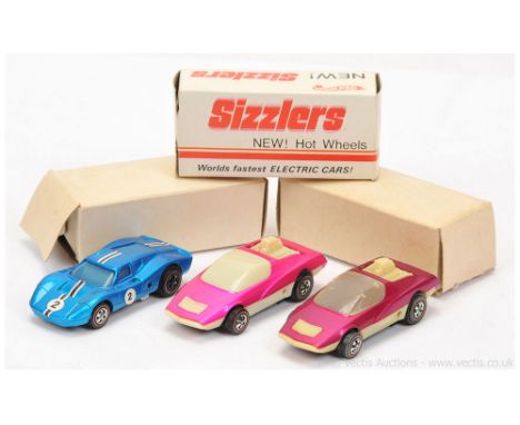 Hot Wheels (Mattel) Sizzlers Redline group of 3 - (1) Racing Car - blue with white and black racing number 2 stripes; (2) hot