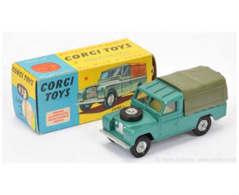 Corgi 438 Land Rover (109WB) - metallic green including ribbed roof, khaki plastic canopy, lemon interior, silver trim, cast 