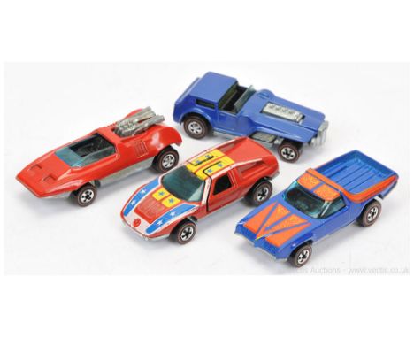 Hot Wheels (Mattel) Redline group to include Peepin Bomb - red; Mercedes C111 - red with yellow, white and blue tampo print; 