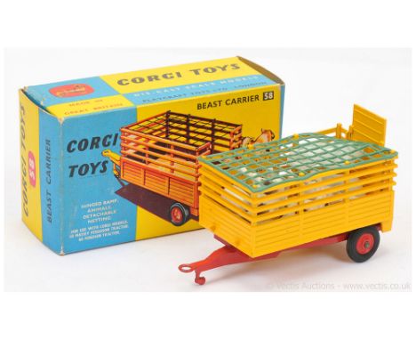 Corgi 58 Beast Carrier - finished in yellow, red including plastic hubs, with loose figures, green plastic netting - overall 