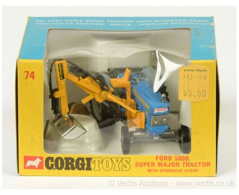 Corgi 74 Ford 5000 Super Major Tractor with Hydraulic Scoop - finished in blue, grey including hubs, chrome trim, with figure