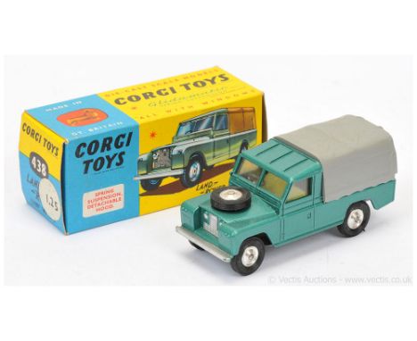 Corgi 438 Land Rover (109WB) - metallic green including ribbed roof, grey plastic canopy, lemon interior, silver trim, spun h