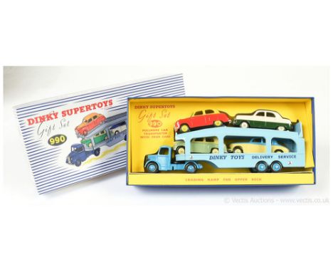 Dinky 990 Gift Set (restored/repainted) to include Bedford Pullmore Car Transporter - mid-blue cab and ridged hubs, light blu