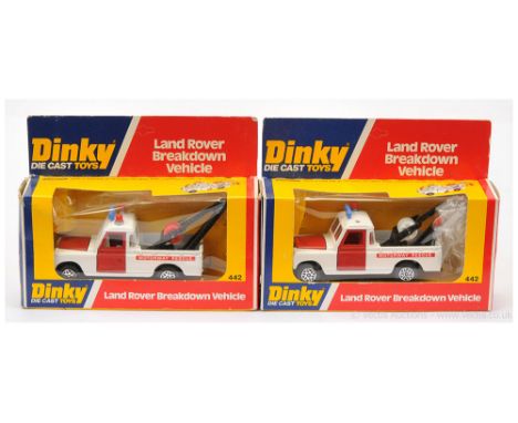 Dinky 442 Land Rover Breakdown Vehicle "Motorway Rescue" - a pair (1) white body and interior, red doors, bonnet and roof lig