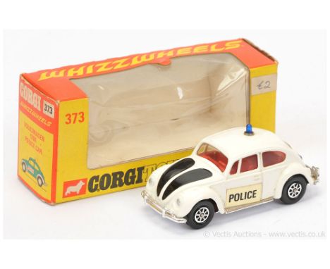 Corgi Whizzwheels 373 Volkswagen 1200 (Beetle) - "Police" Car - white body, black boot and bonnet flashes, red interior, blue