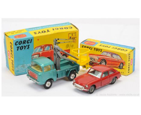 Corgi 327 MGB GT - red body, pale blue interior, chrome trim, wire wheels - Fair in a Good Plus blue &amp; yellow carded pict