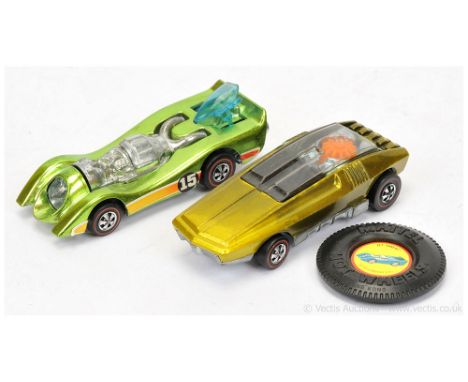 Hot Wheels (Mattel) Redline 6457 Whip Creamer - metallic lime and 6179 Jet Threat - metallic lime, racing number 15 white, re
