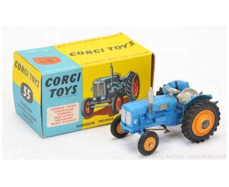 Corgi 55 Fordson Power Major Tractor - mid-blue, dull orange metal hubs, silver steering wheel and seat, yellow plastics - Go