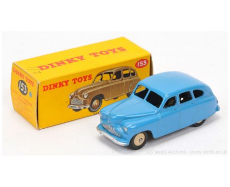 Dinky 153 Standard Vanguard Saloon - mid-blue body with silver trim, light beige ridged hubs with treaded tyres - Excellent (