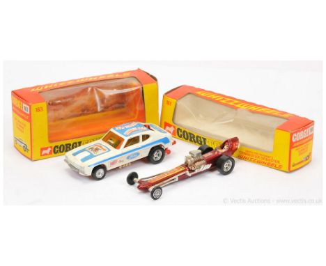 Corgi Whizzwheels 161 Santa Pod Raceway's Commuter Dragster - metallic maroon, chrome engine - Good Plus in a Good orange and