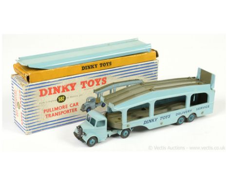 Dinky 582 Bedford Pullmore Car Transporter - light blue cab and trailer, mid-blue Supertoy and ridged hubs, dark grey platfor