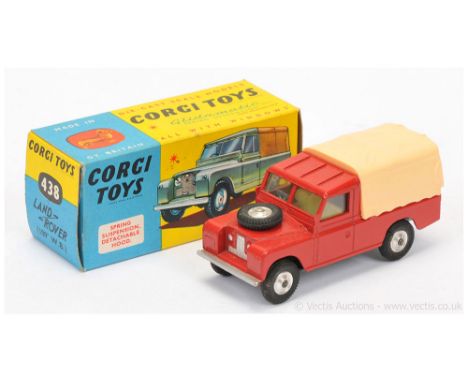 Corgi 438 Land Rover (109WB) - red body and ribbed roof, cream plastic canopy, lemon interior, silver trim, spun hubs, metal 