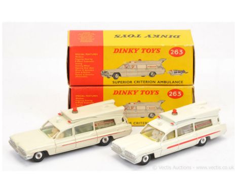 Dinky 263 Superior Criterion "Ambulance" - A Pair (1) pale cream, red trim &amp; side flashes, solid roof light, pale green i