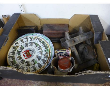 A box of miners plates, vintage tools, etc. 