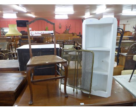 A painted pine corner shelf, Edward VII mahogany chair and a brass spark guard 