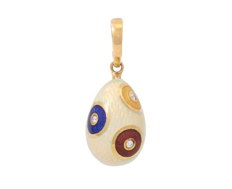 FABERGÉ by VICTOR MAYER Anhänger "Ei", 3 kleine Brillanten zus. ca. 0,06 ct, GG 18K, gelb, weiß, braun emailliert, 7,1 gr, L: