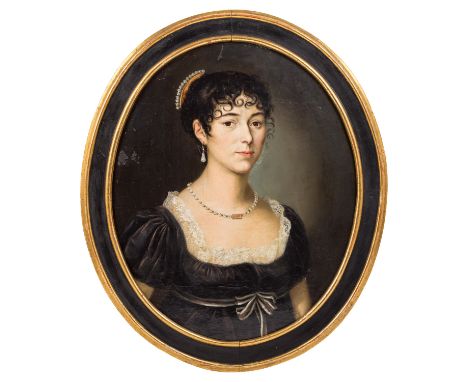 PORTRAIT AUS DEM FRÜHEN 19. JAHRHUNDERT "Dame in Empirekleid und Perlendiadem" Öl auf Leinwnd, unsig., HxB: 58/46 cm, Rest. u
