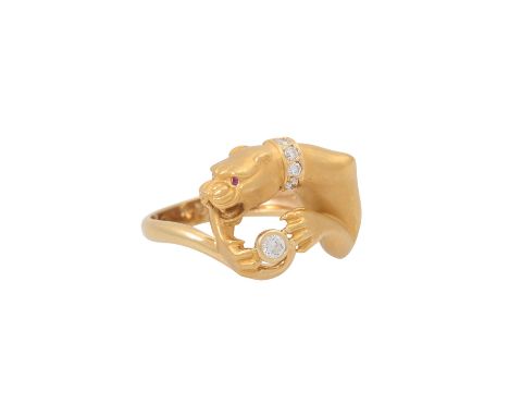 CARRERA Y CARRERA Ring "Panther", mit 5 Brillanten zus. ca. 0,18 ct, seht gute Farbe und Reinheit und 2 Rubine. GG 18K, 9,7g,