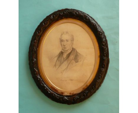 George Stephenson: a named portrait study in pencil on paper, contained in a carved wood frame, circa 1848, 247mm high (comme