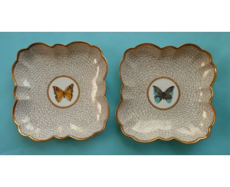 A pair of Barr Flight & Barr Worcester square dishes of lobed outline the centres painted with circular panels of butterflies
