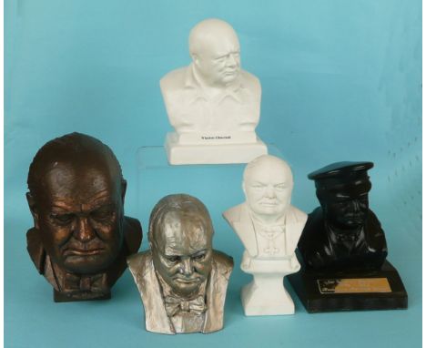 # Winston Churchill: a white portrait bust by Bairstow Manor Pottery, 182mm, three composition portrait busts and another (5)