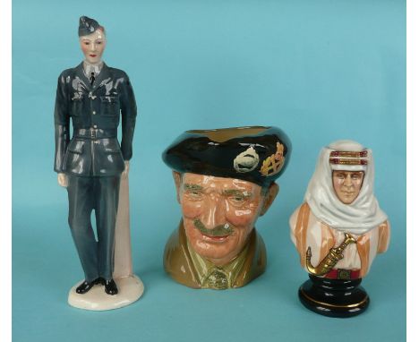 # A pottery portrait bust of Lawrence of Arabia on integral socle base by Michael Sutty, 153mm, a continental pottery figure 