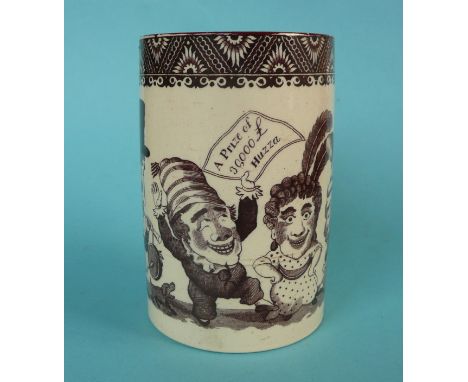 1816 Princess Charlotte Betrothal: a very rare and good creamware mug, the cylindrical body printed in brown with a caricatur