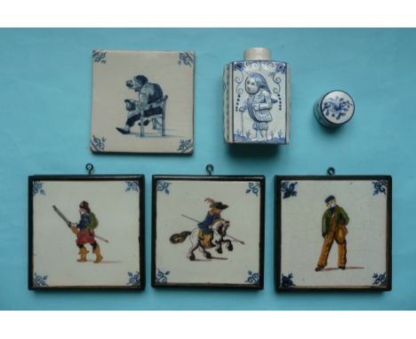 Three Delft tiles each polychrome decorated with figural scenes, framed, another painted in blue with impressed stamp to the 